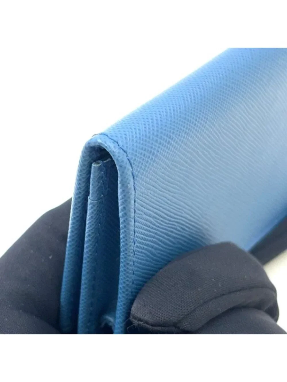 Prada Saffiano Metal Logo Leather Blue Card Case Gold - Picture 9 of 13